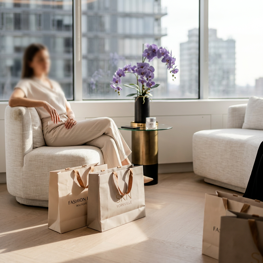 Sitting on chairs with shopping bags