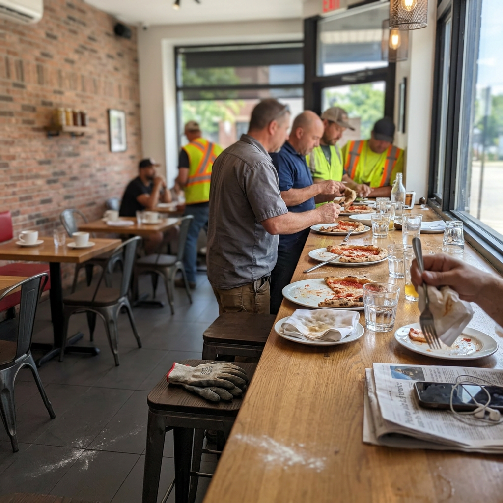 Construction workers eating pizza at the counter